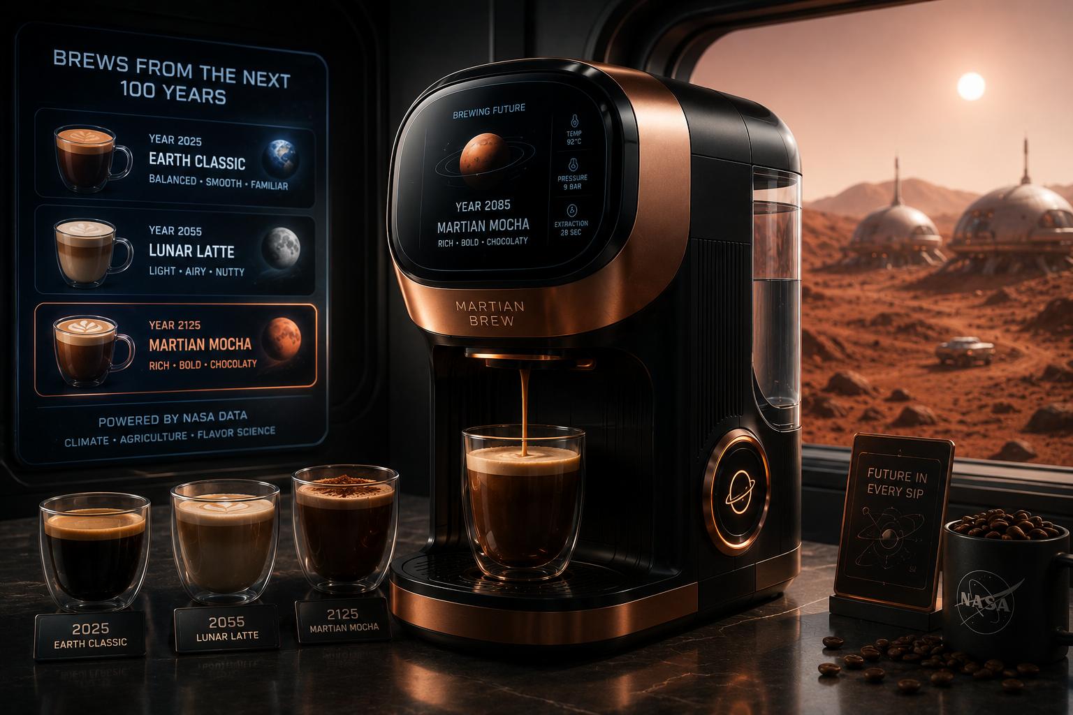 Martian mocha, anyone? This futuristic coffee machine uses NASA data to give you a taste of 3 different brews from the next 100 years